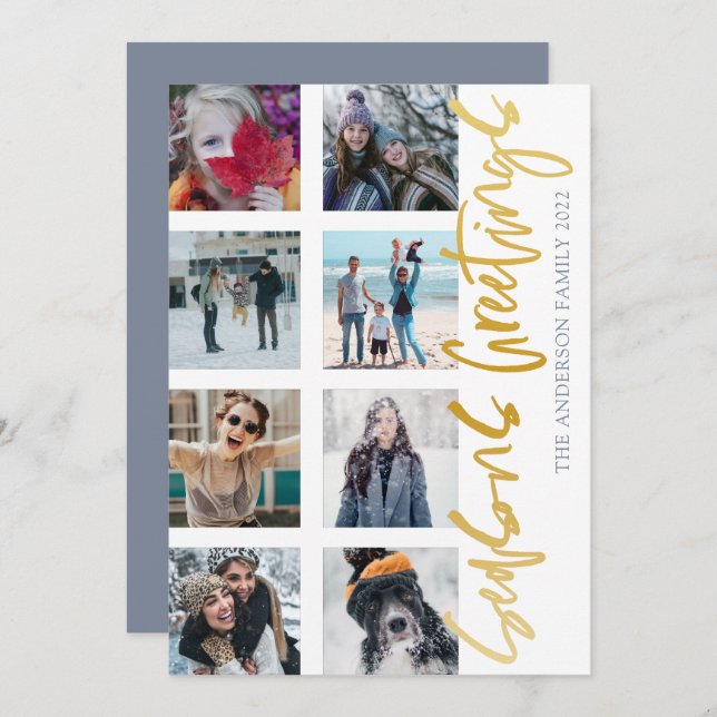 Seasons Greetings Gold Script 8 Photo Christmas  Holiday Card (Front/Back)