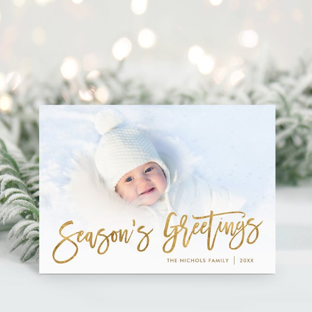 Season's Greetings Gold Script Photo Overlay Holiday Card (Creator Uploaded)