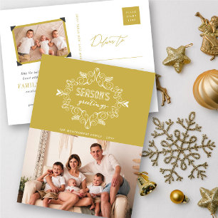Season's Greetings Gold Vintage Deco Foliage Photo Holiday Postcard
