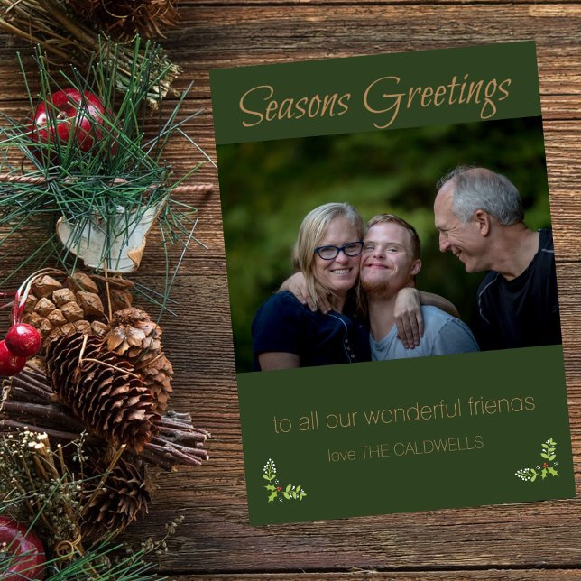 Seasons Greetings Green & Gold Photo Card (Creator Uploaded)