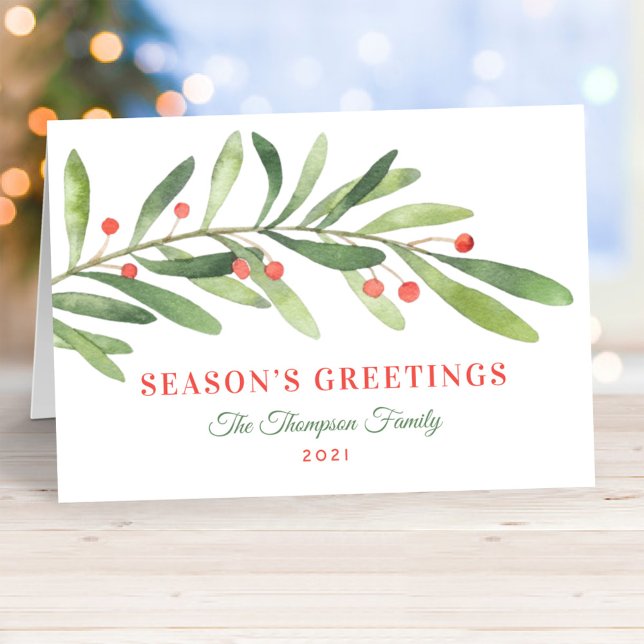 Seasons Greetings Green Red Winter Greenery Holiday Card (Creator Uploaded)