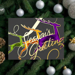 Season's Greetings Grey Orange Lime Purple Deer Holiday Card