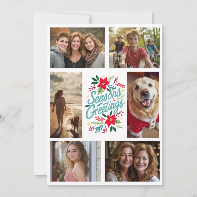 SEASONS GREETINGS Hand-Drawn CUSTOM 6 PHOTO  Holiday Card (Front)