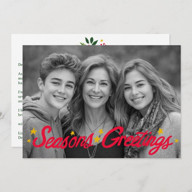 SEASONS GREETINGS Hand-Drawn CUSTOM PHOTO  Holiday Card (Front/Back)