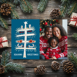 SEASONS GREETINGS Hand Drawn Tree CUSTOM PHOTO Holiday Card
