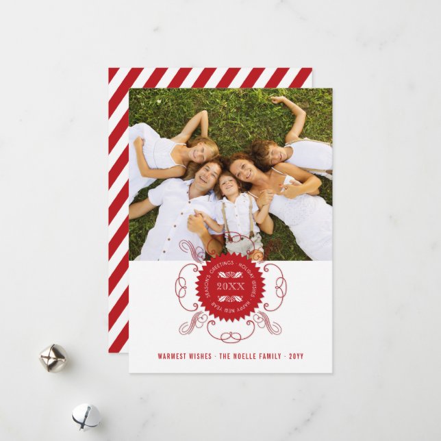 Season's Greetings Happy New Year Red Seal Photo Holiday Card (Front/Back In Situ)