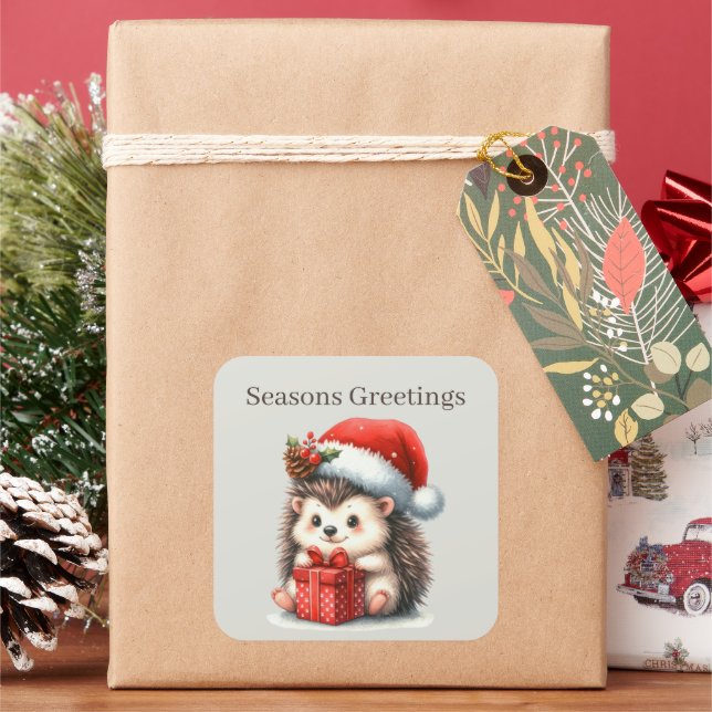 Seasons Greetings hedgehog Christmas Square Sticker (Holiday)