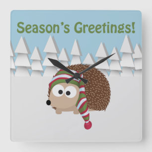 Season's Greetings Hedgehog Square Wall Clock