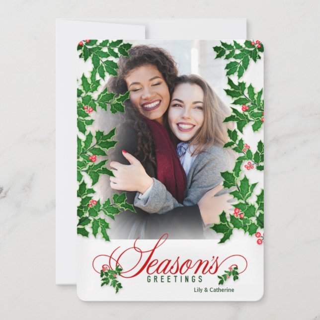 Seasons Greetings Holly and Berries Vertical Photo Holiday Card (Front)