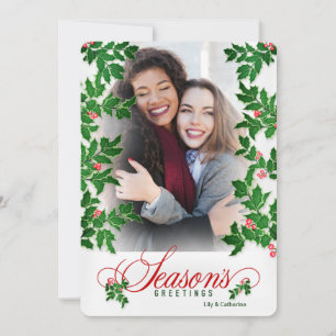 Seasons Greetings Holly and Berries Vertical Photo Holiday Card