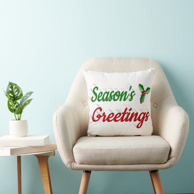 Seasons Greetings Holly Christmas red green script Cushion (Chair)