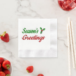 Seasons Greetings Holly Christmas red green script Napkin