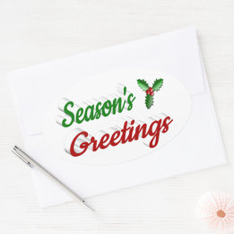 Seasons Greetings Holly Christmas red green script Oval Sticker