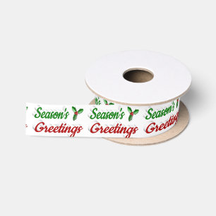Seasons Greetings Holly Christmas red green script Satin Ribbon