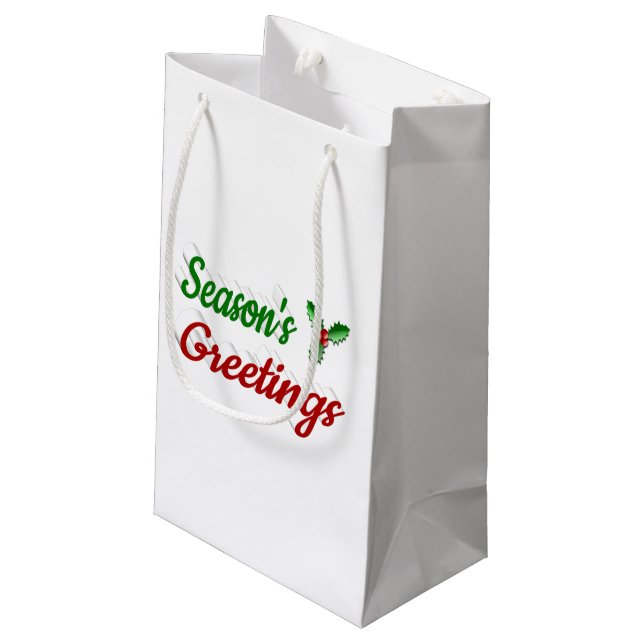 Seasons Greetings Holly Christmas red green script Small Gift Bag (Back Angled)