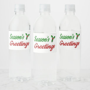 Seasons Greetings Holly Christmas red green script Water Bottle Label