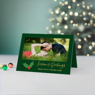Season's Greetings Holly Engaged Couple Photo Foil Holiday Card