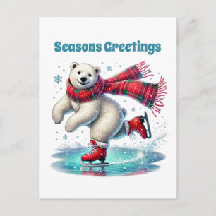 Seasons Greetings ice skating polar bear Holiday Postcard