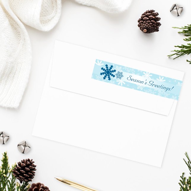 Seasons Greetings Light Blue Snowflake Address Wrap Around Label (Creator Uploaded)