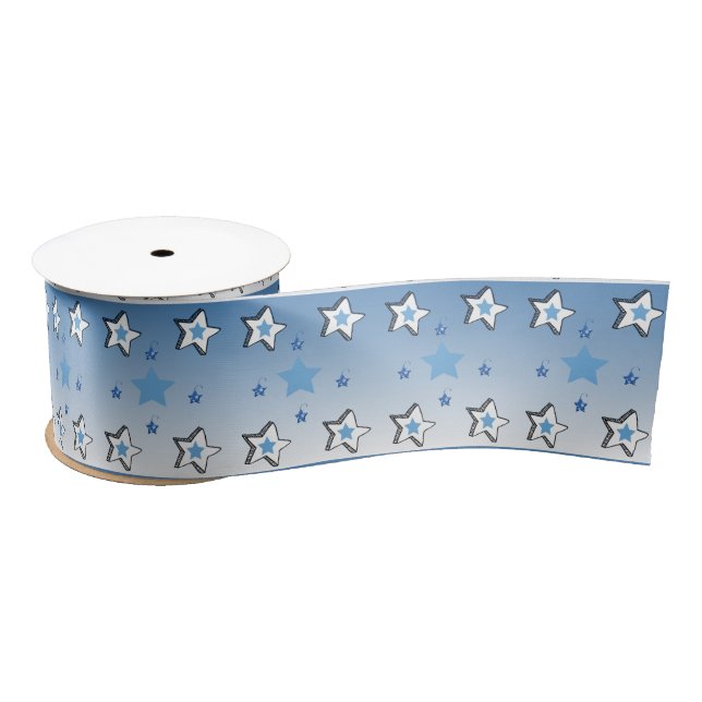 Seasons Greetings, Merry Christmas Blue White Star Satin Ribbon (Spool)