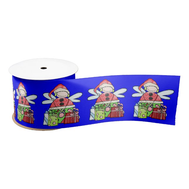 Seasons Greetings, Merry Christmas Santa AngelBlue Satin Ribbon (Spool)