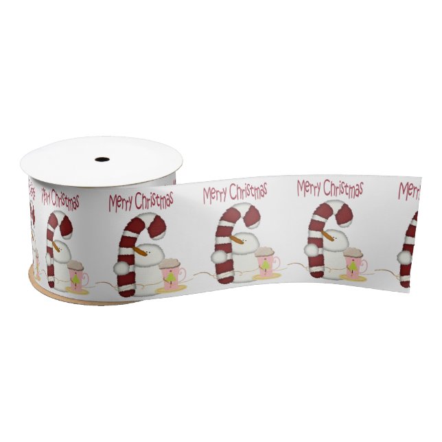 Seasons Greetings, Merry Christmas Snowman Coffee Satin Ribbon (Spool)