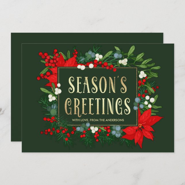 Season's Greetings. Mistletoe, Poinsettia Frame Holiday Card (Front/Back)