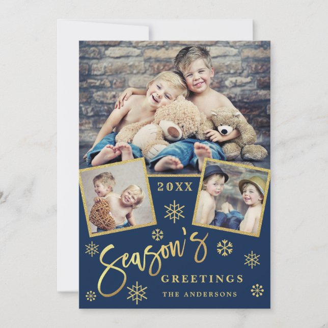 Season's Greetings Modern 3 PHOTO Greeting Holiday Card (Front)