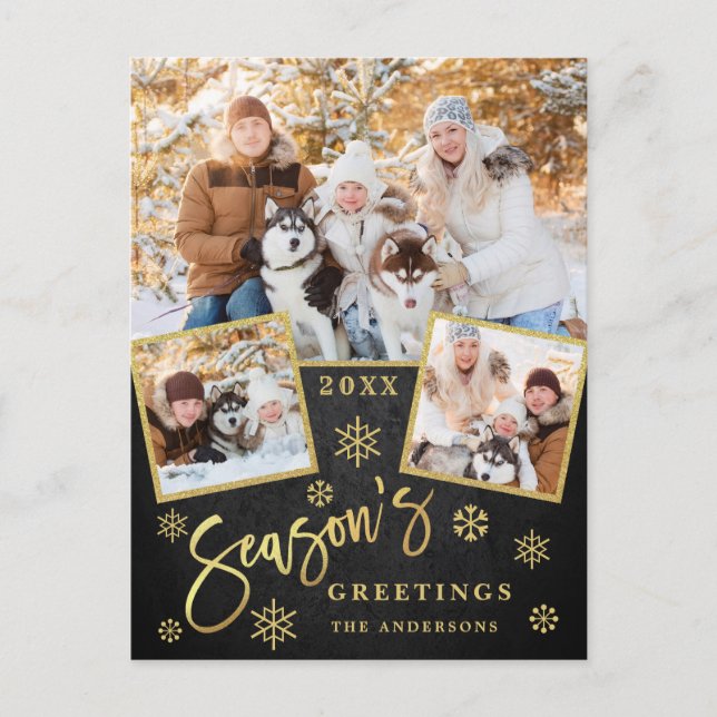 Season's Greetings Modern 3 PHOTO Greeting Postcard (Front)