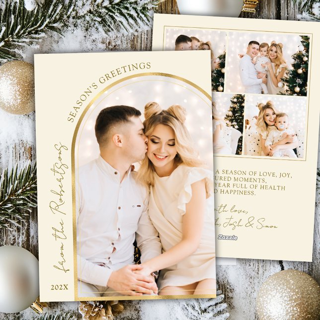 Season's Greetings Modern Gold Arch 5 Photo  Holiday Card (Creator Uploaded)