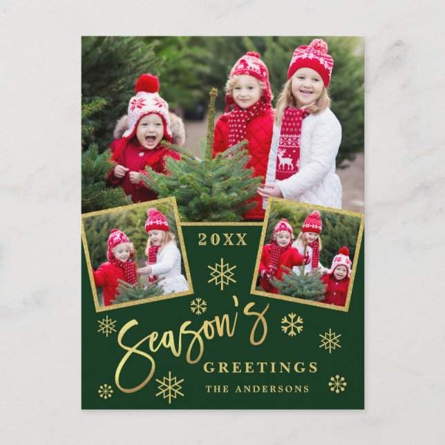 Season's Greetings Modern Script 3 PHOTO Greeting Postcard (Front)