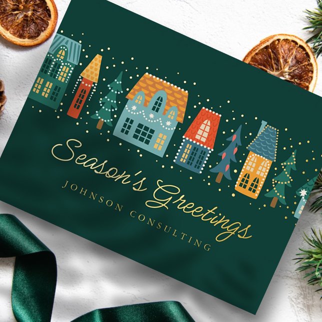 Season's Greetings Modern Winter Snow Village Foil Holiday Postcard (Creator Uploaded)