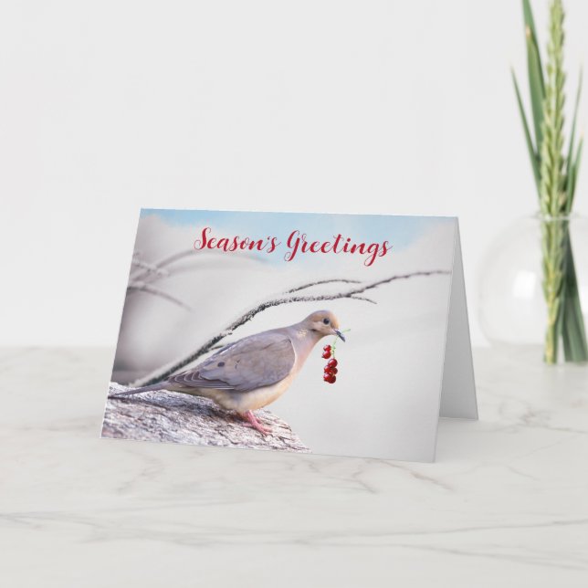Season's Greetings Mourning Dove and Red Berries Holiday Card (Front)