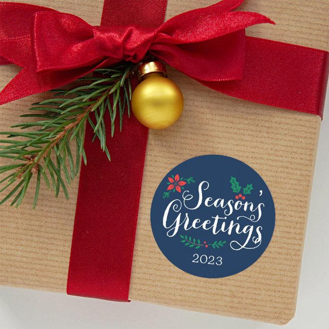 Seasons Greetings Navy Blue Holiday Classic Round Sticker (Creator Uploaded)