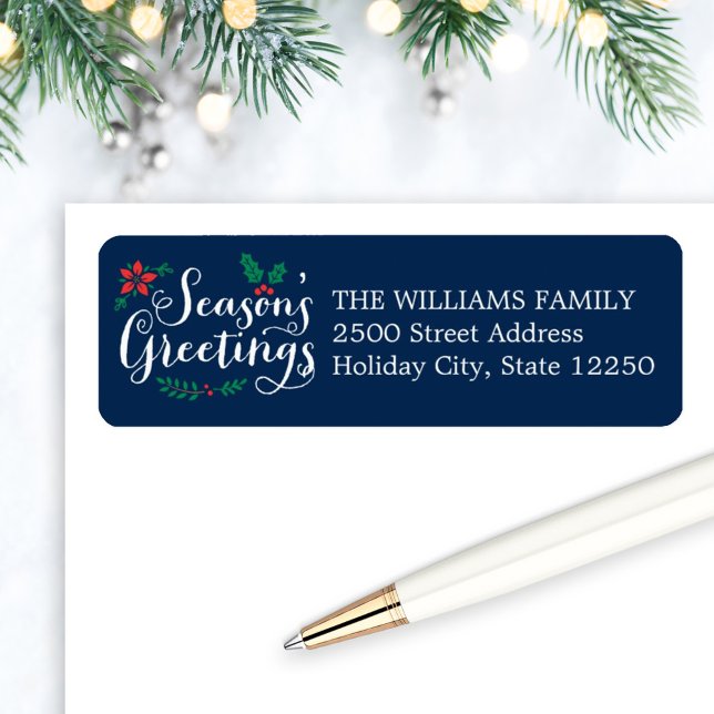 Seasons Greetings Navy Blue Holiday Return Address (Creator Uploaded)
