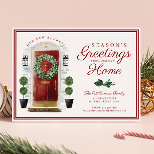 Seasons Greetings New Home Red Watercolor Door Holiday Card