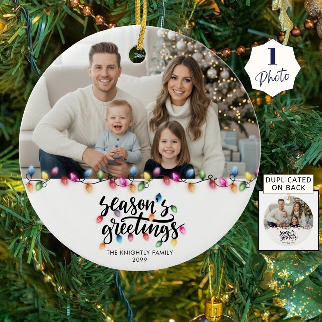 Seasons Greetings One Photo Christmas Lights Ceramic Tree Decoration (Creator Uploaded)