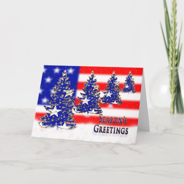 SEASON'S GREETINGS - PATRIOTIC -FLAG AND TREES HOLIDAY CARD (Front)
