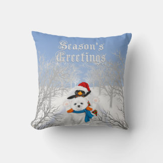 Seasons Greetings Penguin and Polar Bear Blue Cushion