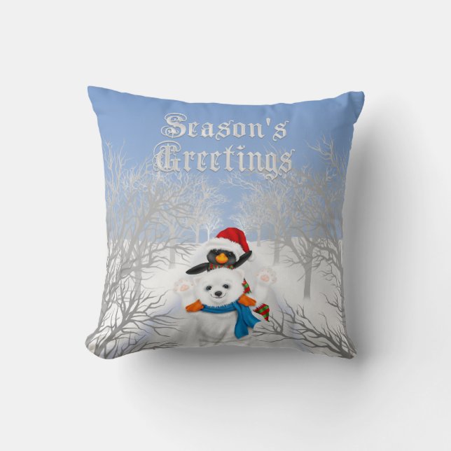 Seasons Greetings Penguin and Polar Bear Blue Cushion (Front)