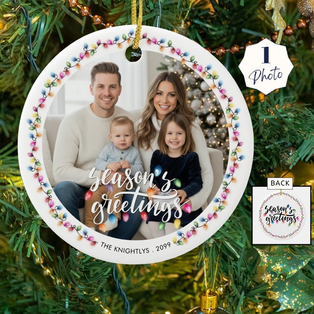 Seasons Greetings Photo Christmas Lights Ceramic Tree Decoration (Creator Uploaded)