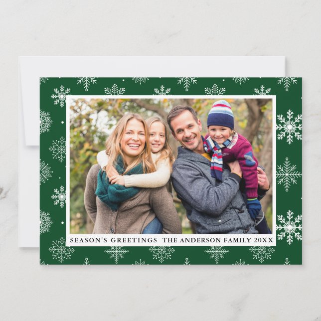 Season's Greetings Photo Snowflakes Green Holiday Card (Front)