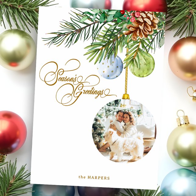 Season's Greetings Pine Christmas Ornament Photo Holiday Card (Creator Uploaded)
