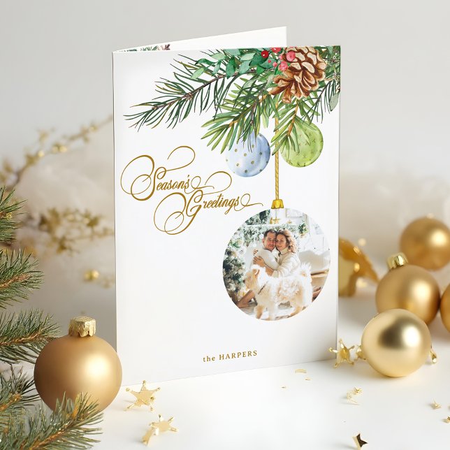 Season's Greetings Pine Christmas Ornament Photo Holiday Card (Creator Uploaded)