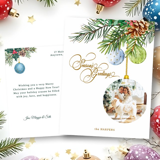 Season's Greetings Pine Christmas Ornament Photo Holiday Postcard (Creator Uploaded)