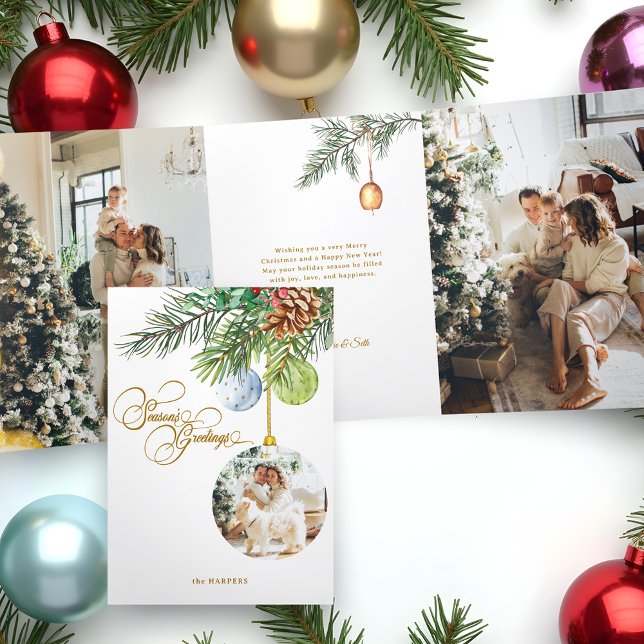 Season's Greetings Pine Christmas Ornament Photo Tri-Fold Holiday Card (Creator Uploaded)