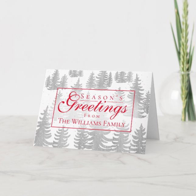 Season's Greetings Pine Trees Red Typography Holiday Card (Front)