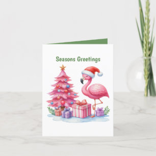  Seasons Greetings pink flamingo customisable Holiday Card