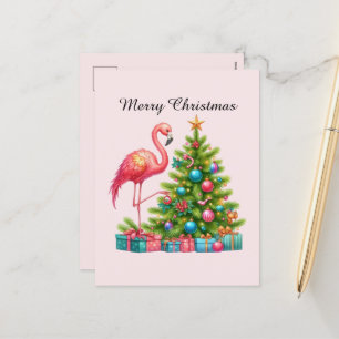 Seasons greetings pink flamingo holiday postcard