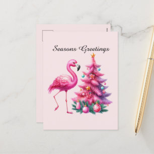 Seasons greetings pink flamingo  holiday postcard